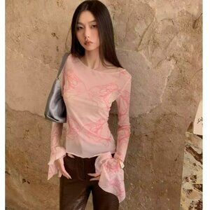 NWT Y2K Dazy Sheer Long Sleeve Top with Ruffle Wrist M Pink